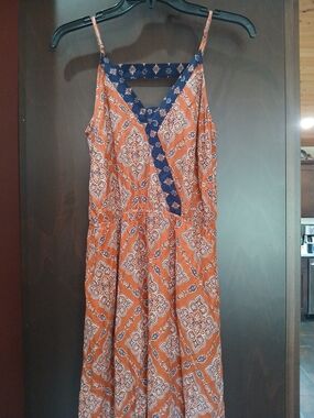 Hem & Thread Rust Printed Spaghetti-Strap Jumpsuit with Navy Yoke